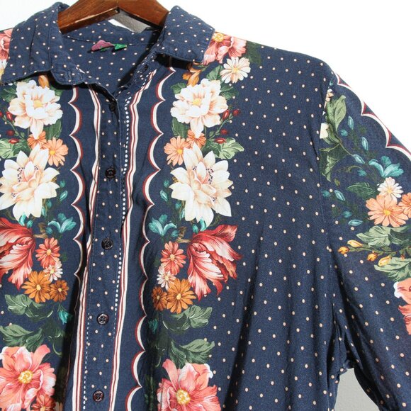 Farm Rio Floral Long Sleeve Shirt Blouse Button Up Floral Polka Dot Sz G / Large - Picture 3 of 15